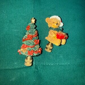 Christmas Teddy Bear & Tree Lamp Finial Set Gold Tone Holiday Decor Ornaments